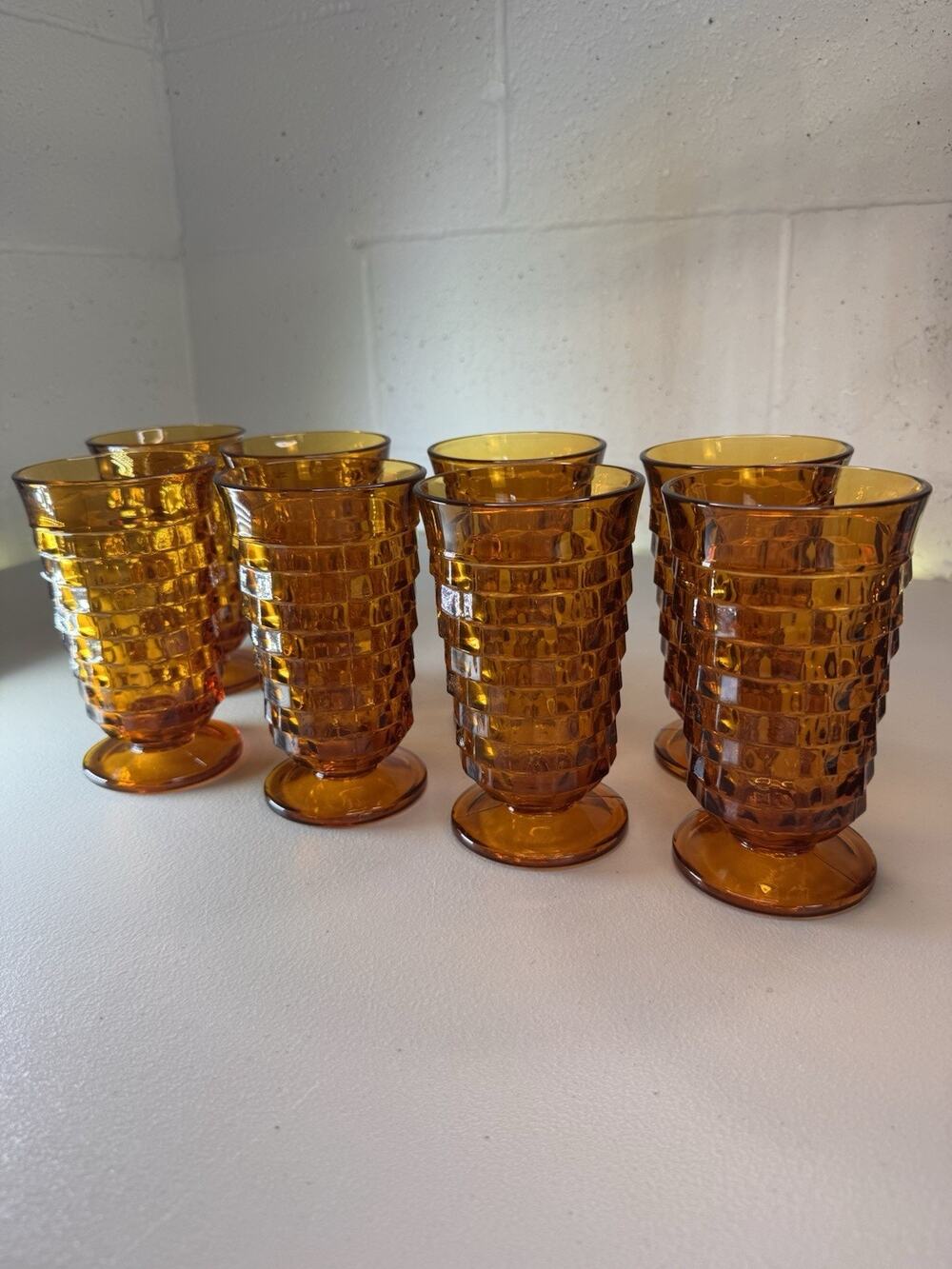 vintage indiana glass whitehall cubist amber footed tumblers set of 8 6”